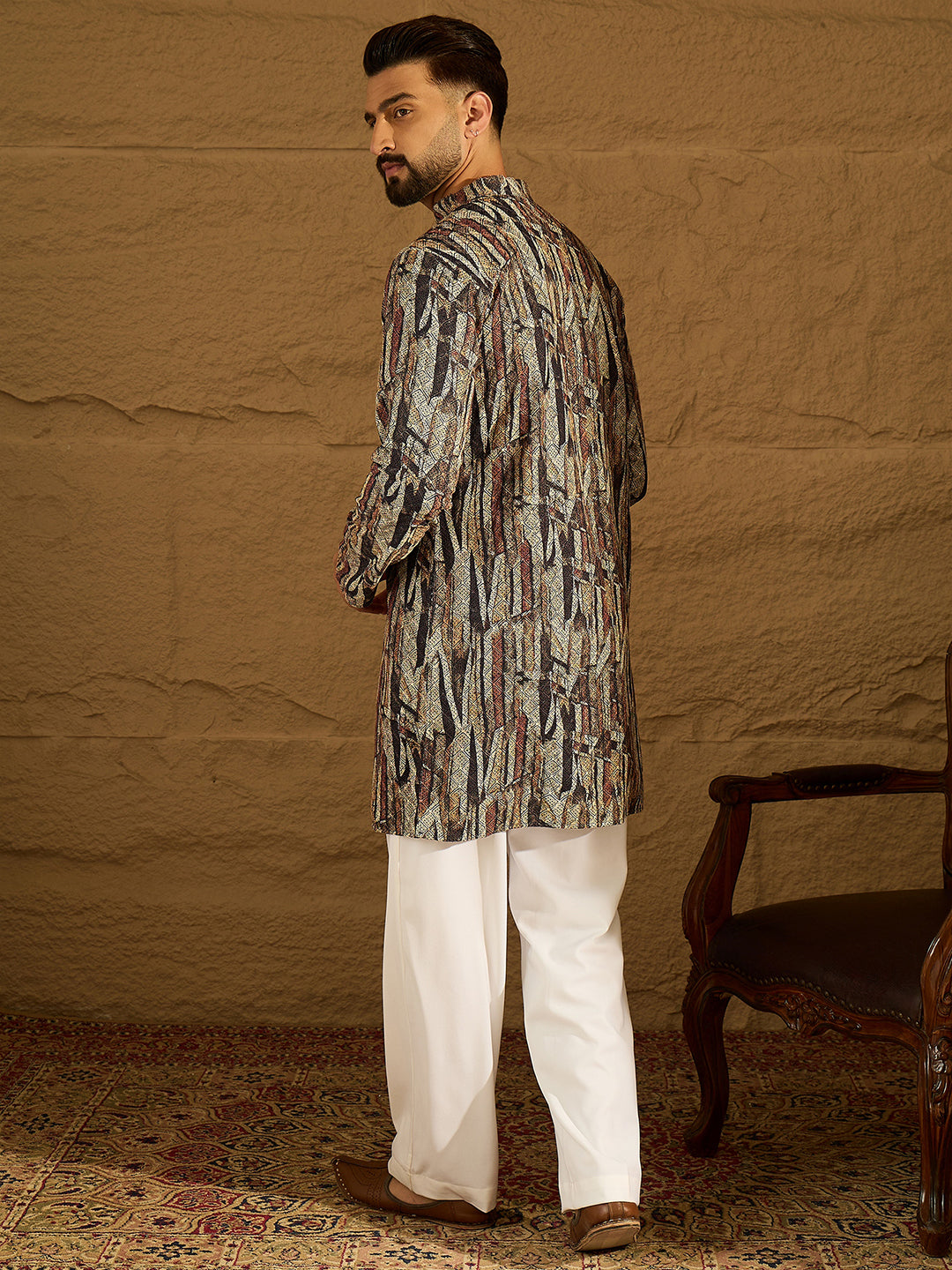 Men Black Viscose Rayon Abstract Printed Straight Kurta with Trouser-MKSET1610