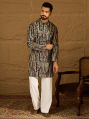Men Black Viscose Rayon Abstract Printed Straight Kurta with Trouser-MKSET1610
