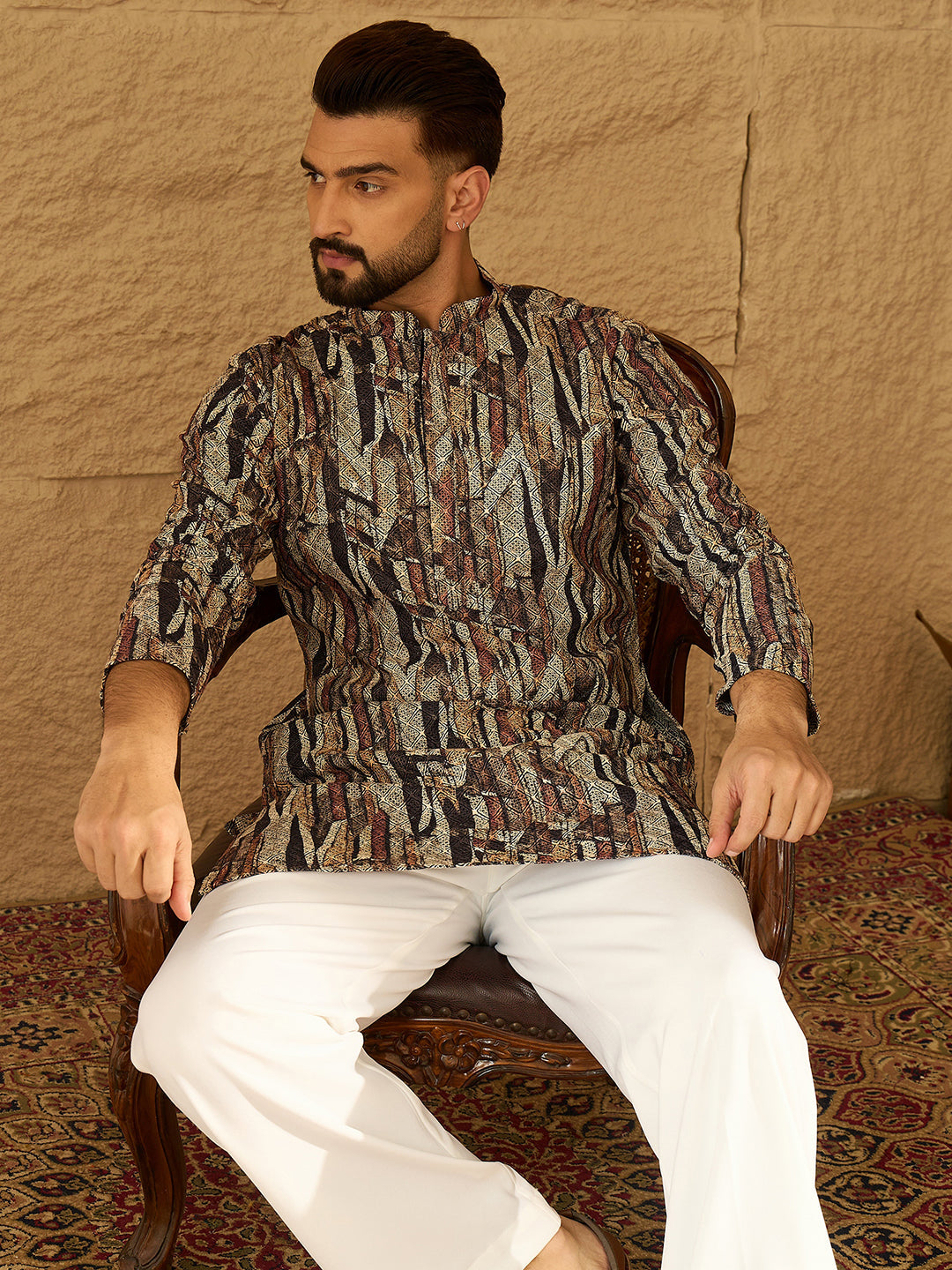 Men Black Viscose Rayon Abstract Printed Straight Kurta with Trouser-MKSET1610