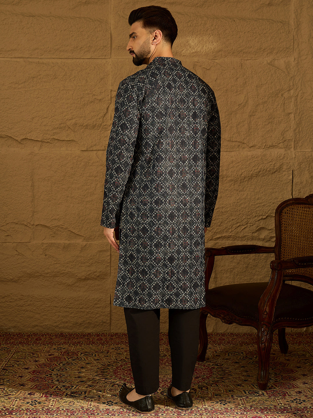 Men Black Cotton Solid Embroidered Straight Kurta with Trouser-MKSET1611