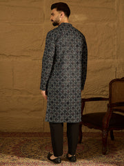 Men Black Cotton Solid Embroidered Straight Kurta with Trouser-MKSET1611
