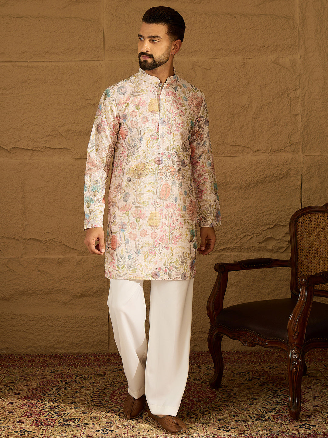 Men Off White Viscose Rayon Floral Printed Straight Kurta with Trouser-MKSET1612