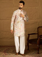 Men Off White Viscose Rayon Floral Printed Straight Kurta with Trouser-MKSET1612