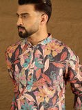 Men Grey Silk Blend Floral Printed Straight Kurta with Trouser-MKSET1613