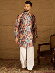 Men Grey Silk Blend Floral Printed Straight Kurta with Trouser-MKSET1613