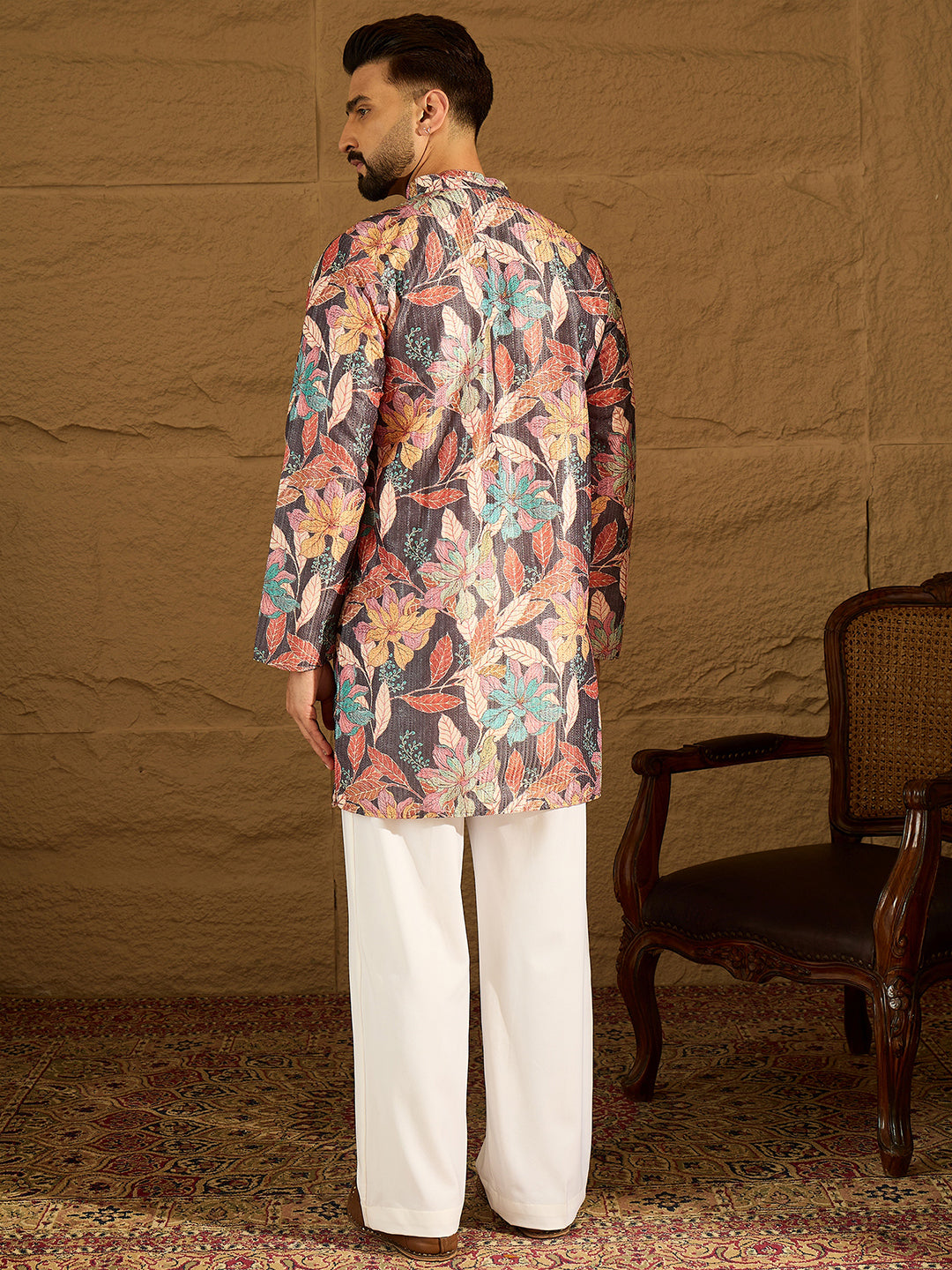 Men Grey Silk Blend Floral Printed Straight Kurta with Trouser-MKSET1613