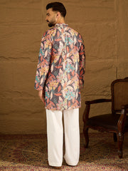 Men Grey Silk Blend Floral Printed Straight Kurta with Trouser-MKSET1613