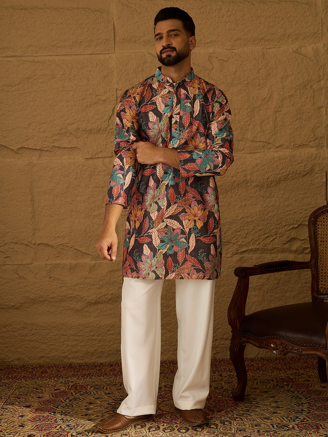 Men Grey Silk Blend Floral Printed Straight Kurta with Trouser-MKSET1613