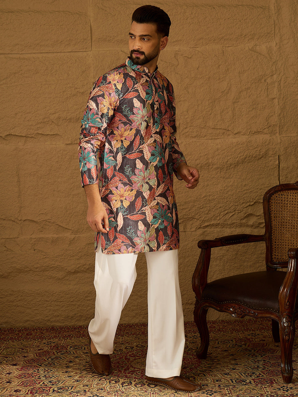 Men Grey Silk Blend Floral Printed Straight Kurta with Trouser-MKSET1613