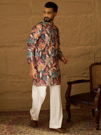 Men Grey Silk Blend Floral Printed Straight Kurta with Trouser-MKSET1613
