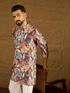 Men Grey Silk Blend Floral Printed Straight Kurta with Trouser-MKSET1613