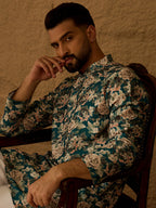 Men Teal Silk Blend Floral Printed Straight Kurta with Trouser-MKSET1614
