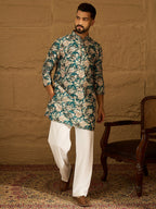 Men Teal Silk Blend Floral Printed Straight Kurta with Trouser-MKSET1614