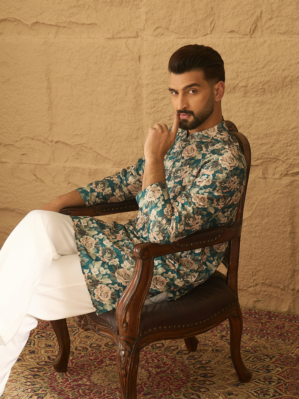 Men Teal Silk Blend Floral Printed Straight Kurta with Trouser-MKSET1614