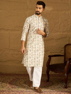 Men Off White Viscose Rayon Floral Printed Straight Kurta with Trouser-MKSET1615