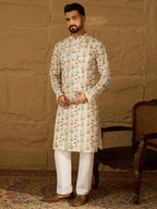 Men Off White Viscose Rayon Floral Printed Straight Kurta with Trouser-MKSET1615