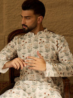 Men Off White Viscose Rayon Floral Printed Straight Kurta with Trouser-MKSET1615