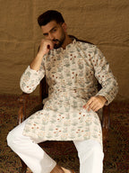 Men Off White Viscose Rayon Floral Printed Straight Kurta with Trouser-MKSET1615