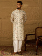 Men Off White Viscose Rayon Floral Printed Straight Kurta with Trouser-MKSET1615