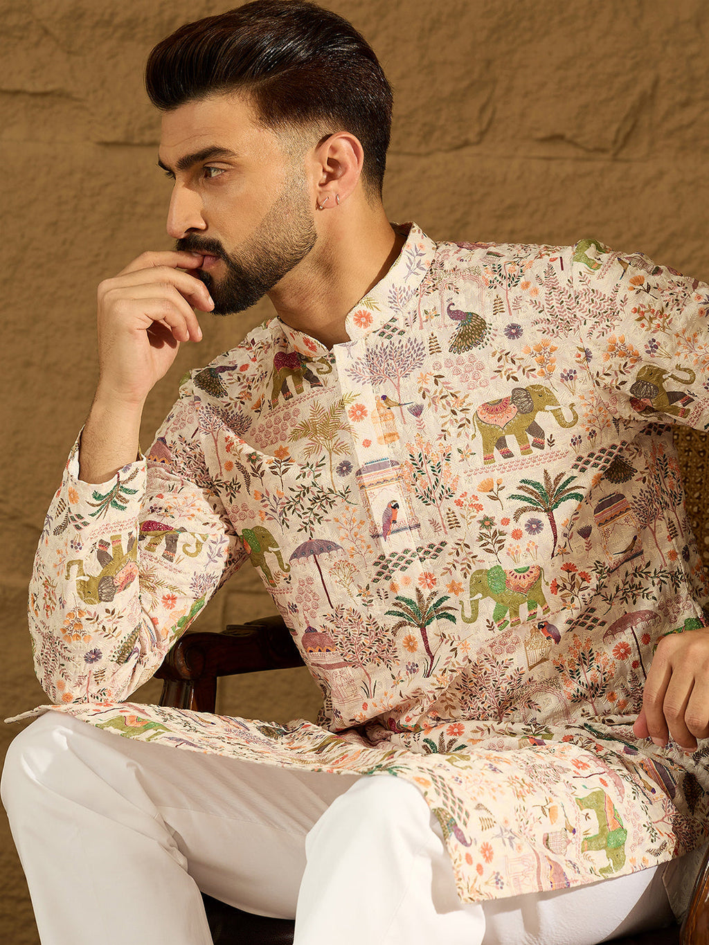 Men Cream Viscose Rayon Ethnic Motifs Printed Straight Kurta with Trouser-MKSET1616