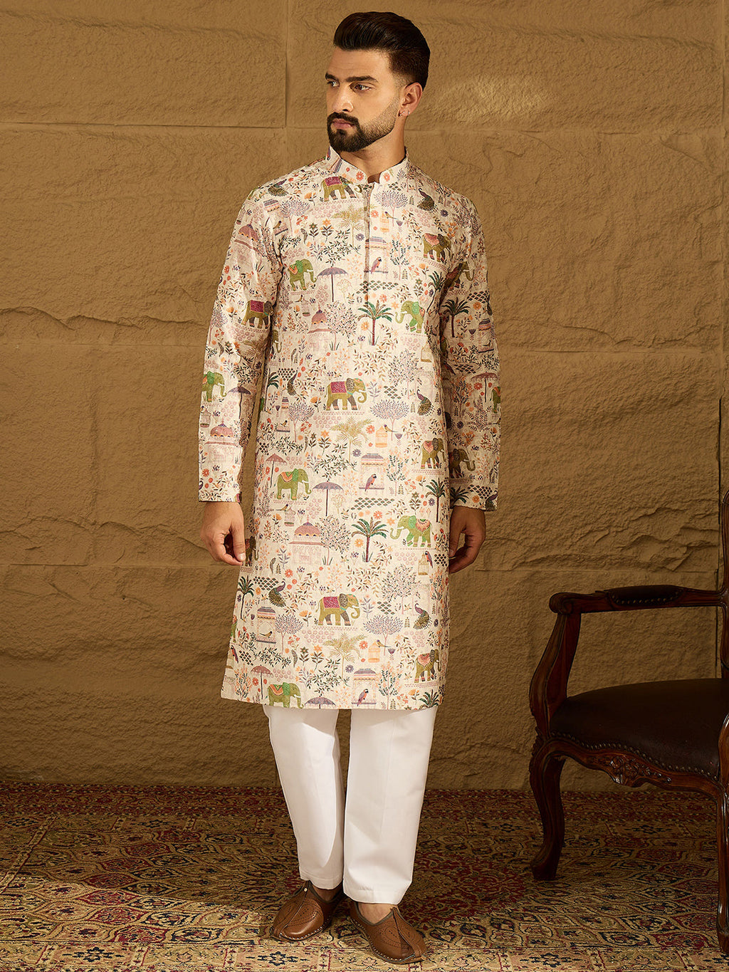 Men Cream Viscose Rayon Ethnic Motifs Printed Straight Kurta with Trouser-MKSET1616