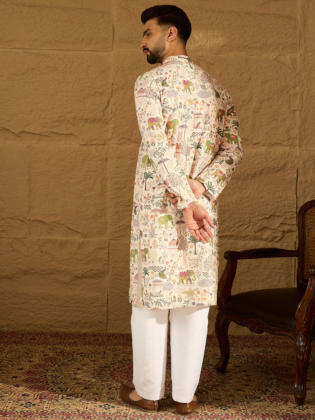 Men Cream Viscose Rayon Ethnic Motifs Printed Straight Kurta with Trouser-MKSET1616
