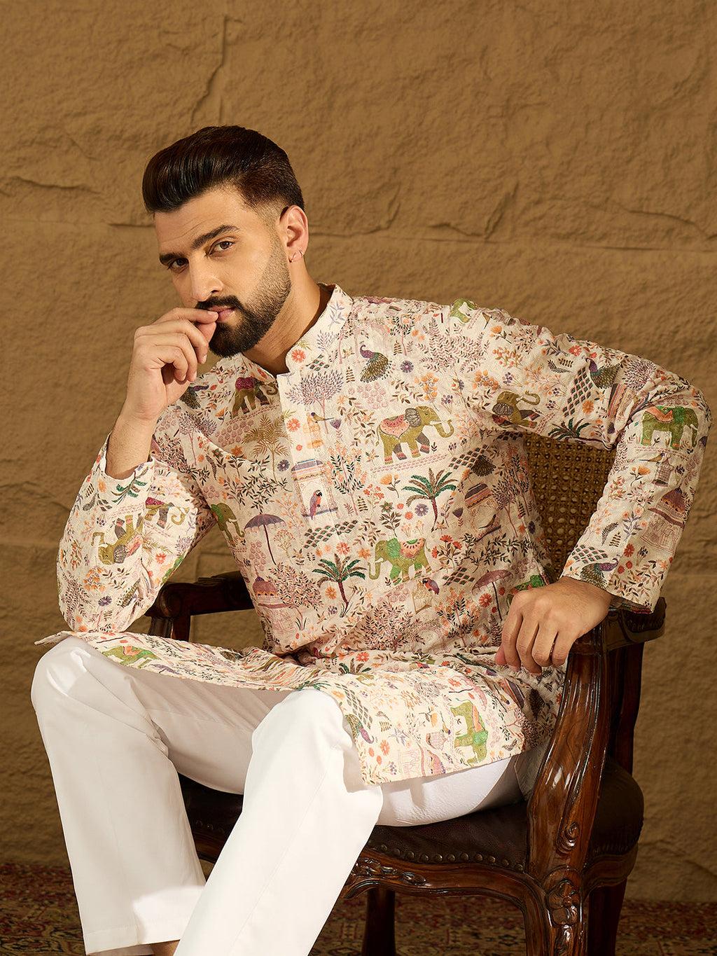 Men Cream Viscose Rayon Ethnic Motifs Printed Straight Kurta with Trouser-MKSET1616