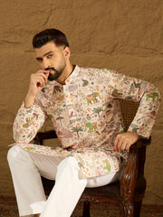 Men Cream Viscose Rayon Ethnic Motifs Printed Straight Kurta with Trouser-MKSET1616