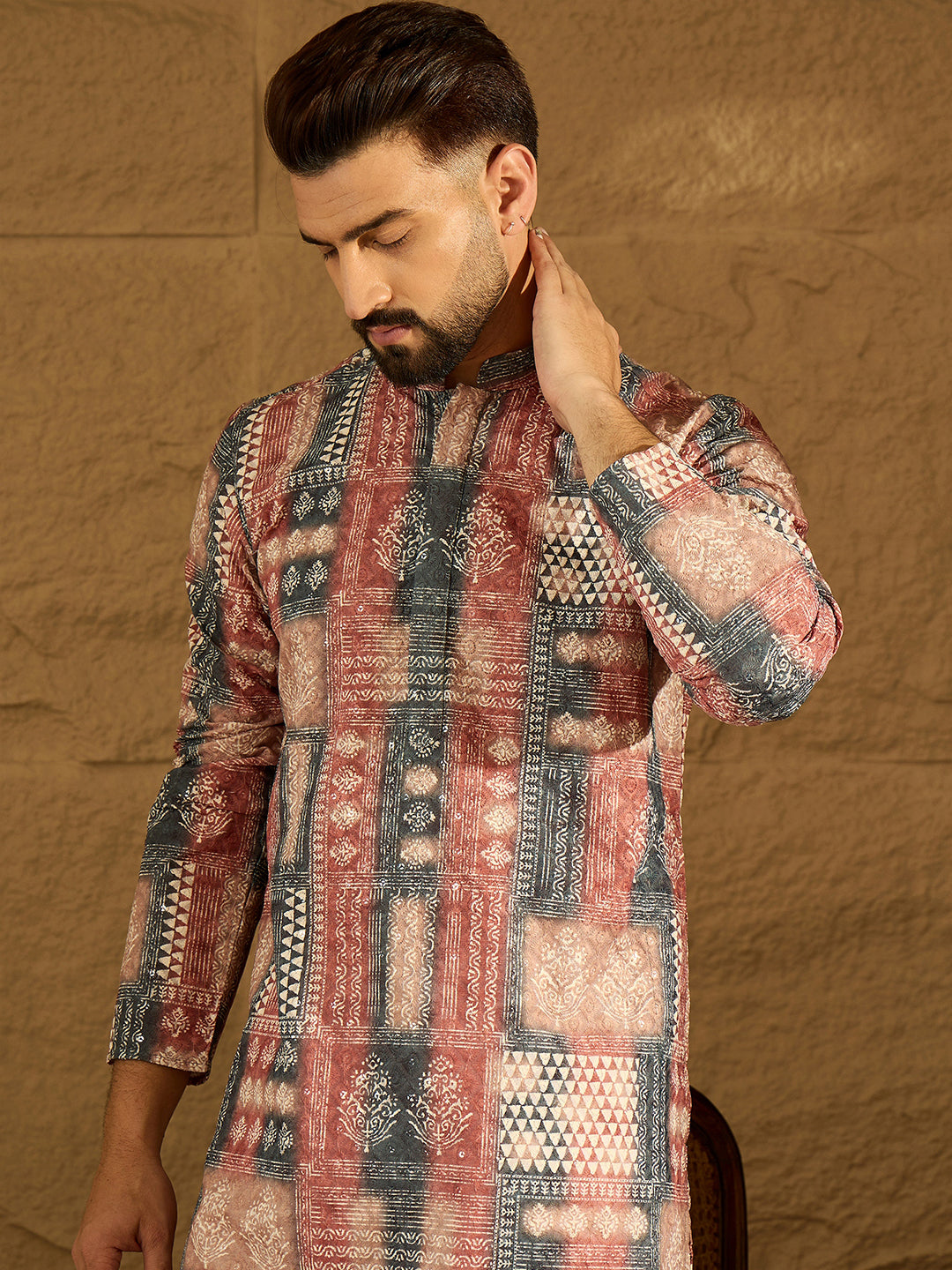 Men Brown Viscose Rayon Ethnic Motifs Printed Straight Kurta with Trouser-MKSET1617