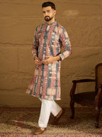 Men Brown Viscose Rayon Ethnic Motifs Printed Straight Kurta with Trouser-MKSET1617