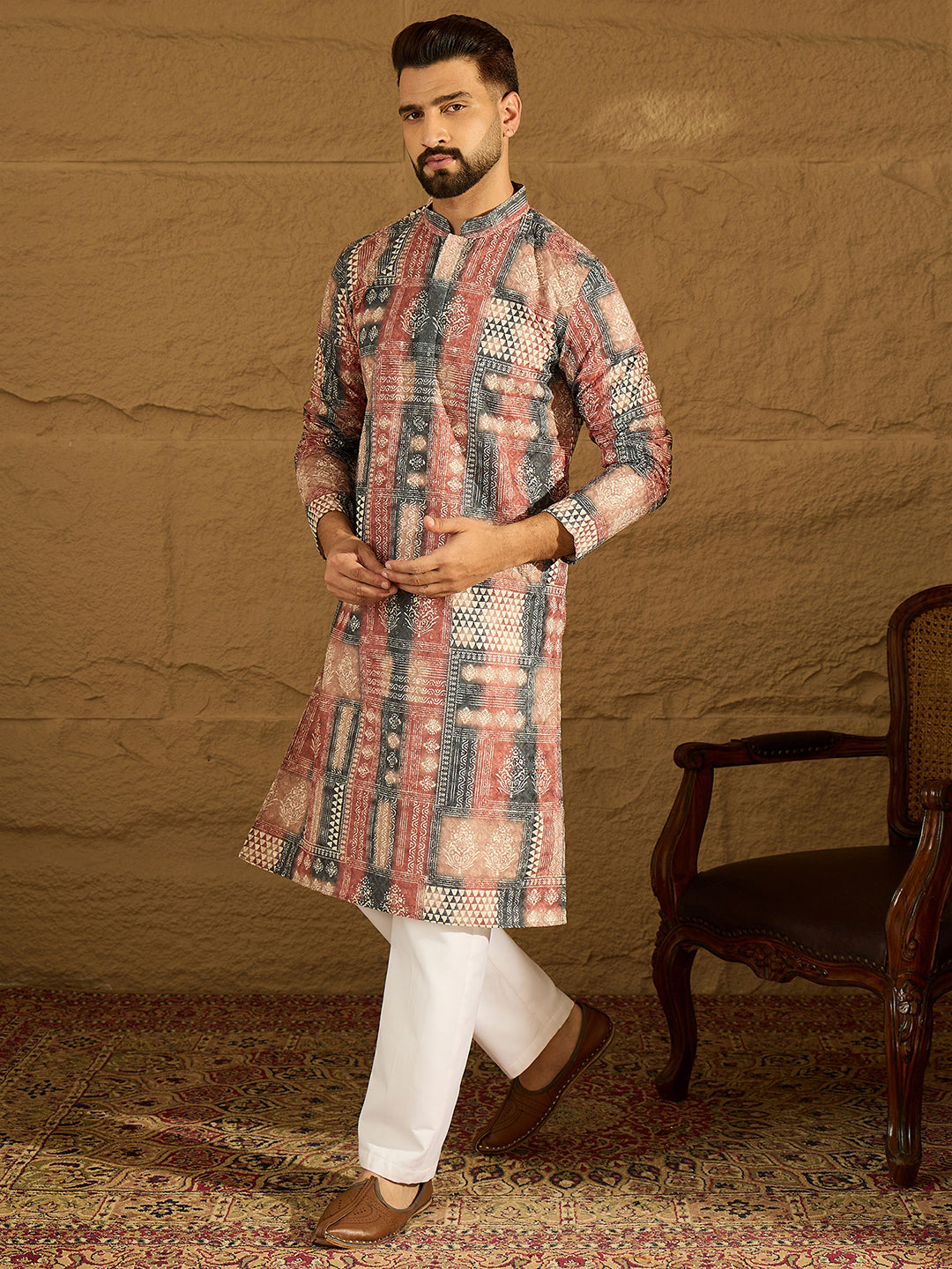 Men Brown Viscose Rayon Ethnic Motifs Printed Straight Kurta with Trouser-MKSET1617