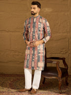 Men Brown Viscose Rayon Ethnic Motifs Printed Straight Kurta with Trouser-MKSET1617