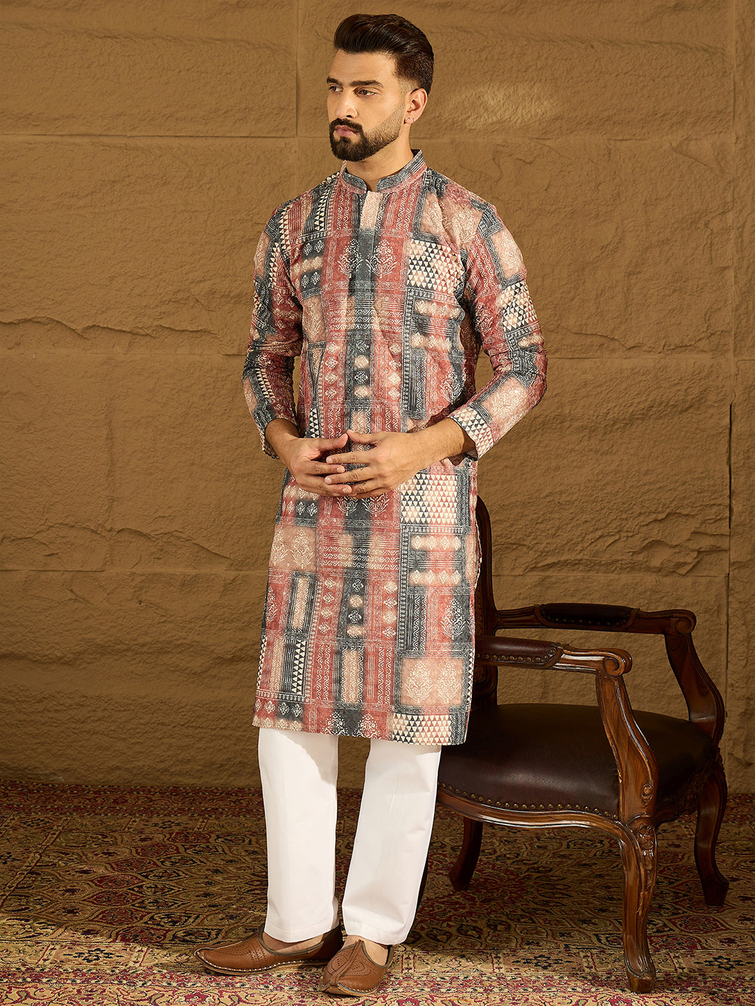 Men Brown Viscose Rayon Ethnic Motifs Printed Straight Kurta with Trouser-MKSET1617