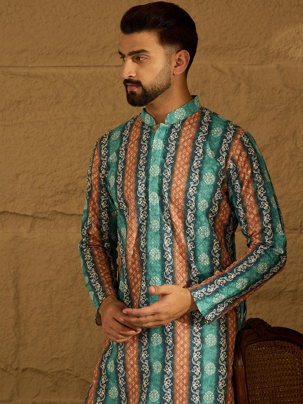 Men Blue Viscose Rayon Ethnic Motifs Printed Straight Kurta with Trouser-MKSET1618