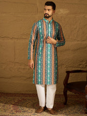 Men Blue Viscose Rayon Ethnic Motifs Printed Straight Kurta with Trouser-MKSET1618