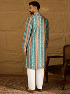 Men Blue Viscose Rayon Ethnic Motifs Printed Straight Kurta with Trouser-MKSET1618