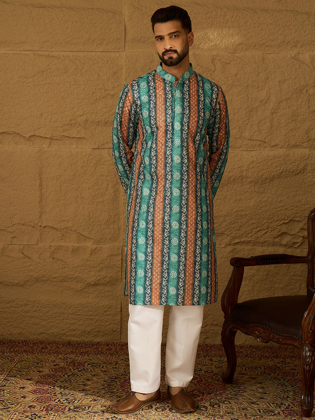 Men Blue Viscose Rayon Ethnic Motifs Printed Straight Kurta with Trouser-MKSET1618