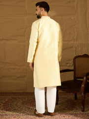 Men Beige Silk Blend Solid Printed Straight Kurta with Trouser-MKSET1650