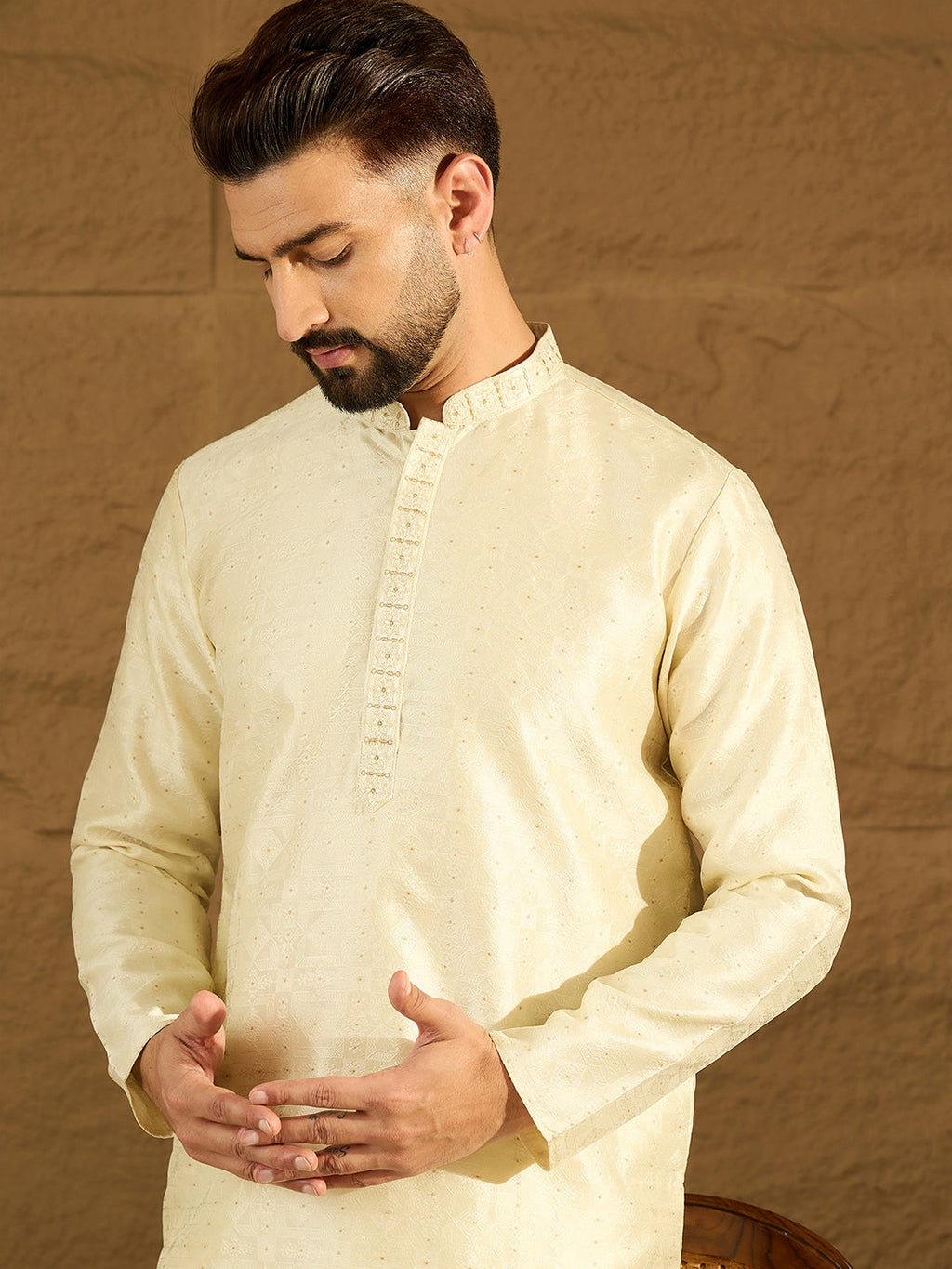 Men Yellow Silk Blend Solid Printed Straight Kurta with Trouser-MKSET1651