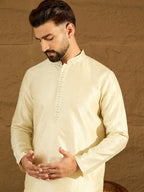Men Yellow Silk Blend Solid Printed Straight Kurta with Trouser-MKSET1651