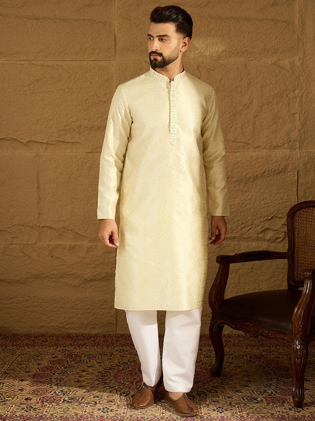 Men Yellow Silk Blend Solid Printed Straight Kurta with Trouser-MKSET1651