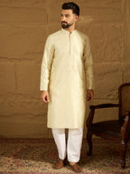 Men Yellow Silk Blend Solid Printed Straight Kurta with Trouser-MKSET1651