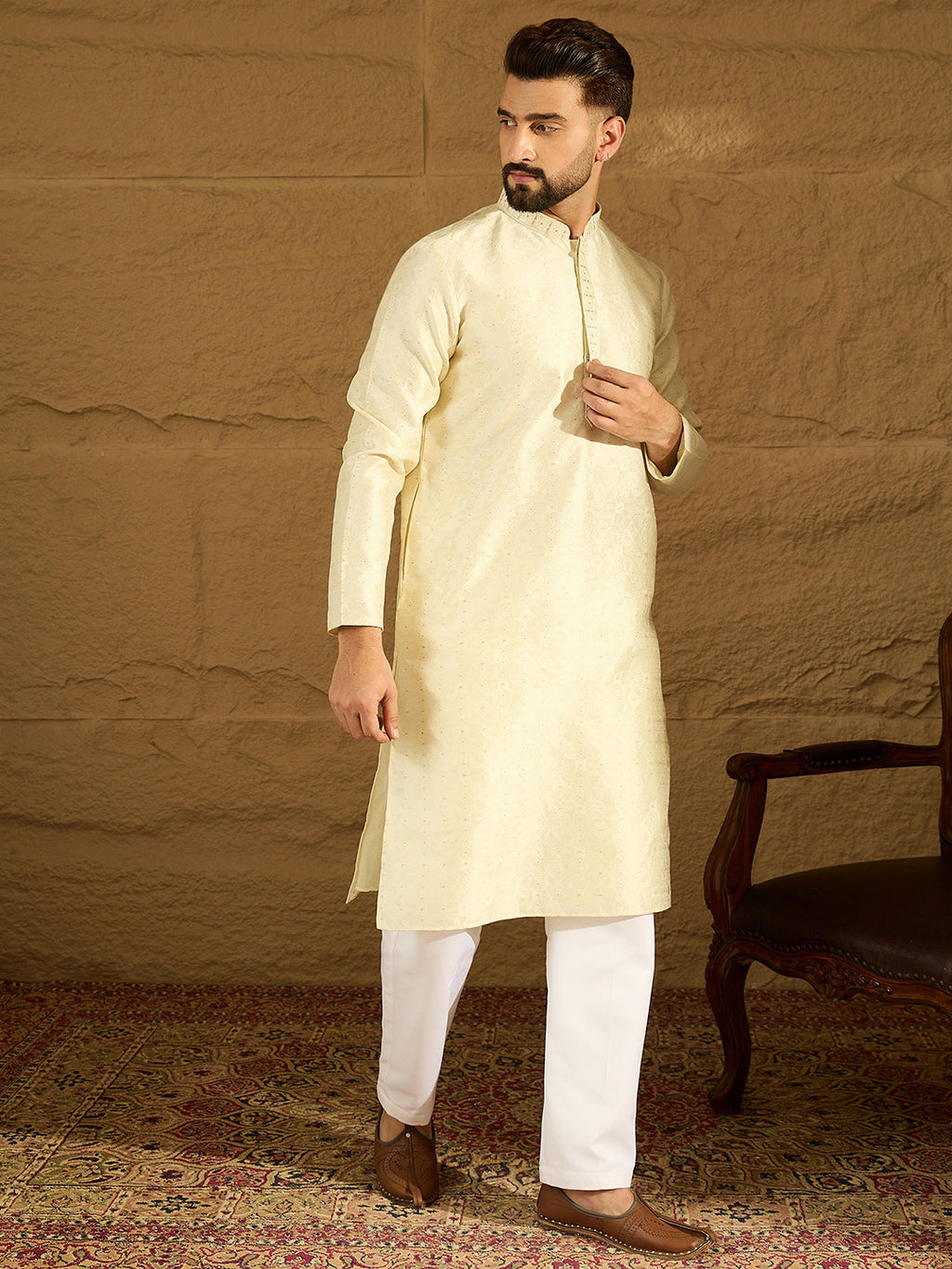 Men Yellow Silk Blend Solid Printed Straight Kurta with Trouser-MKSET1651