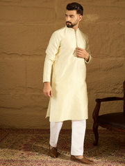 Men Yellow Silk Blend Solid Printed Straight Kurta with Trouser-MKSET1651