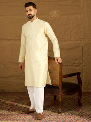 Men Yellow Silk Blend Solid Printed Straight Kurta with Trouser-MKSET1651