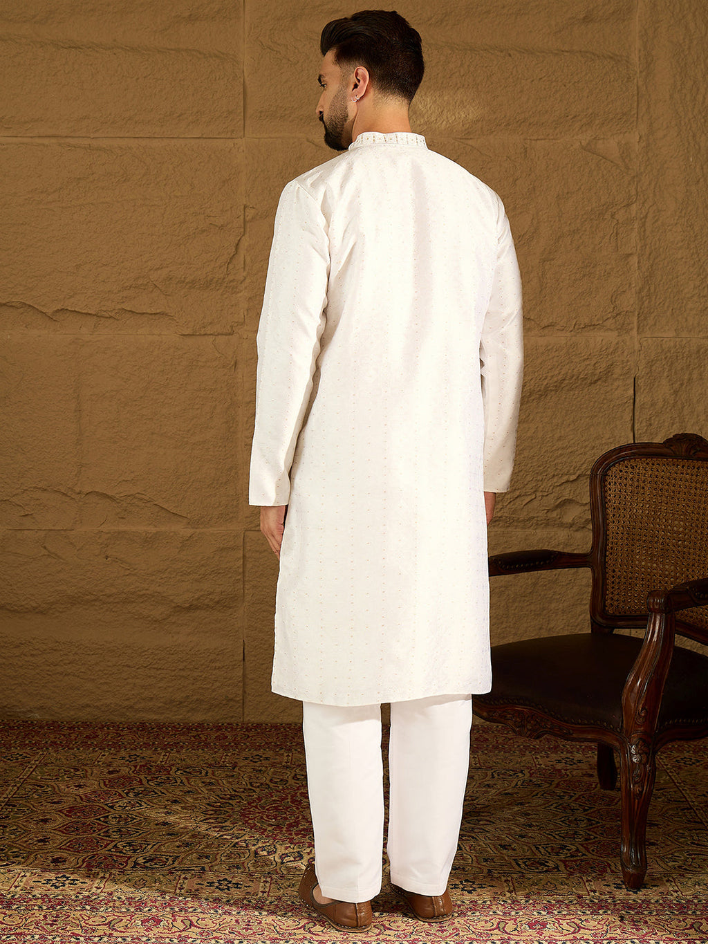 Men White Silk Blend Solid Printed Straight Kurta with Trouser-MKSET1652