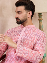Men Pink Viscose Rayon Ethnic Motifs Embroidered Straight Kurta With Trouser-MKSET1654