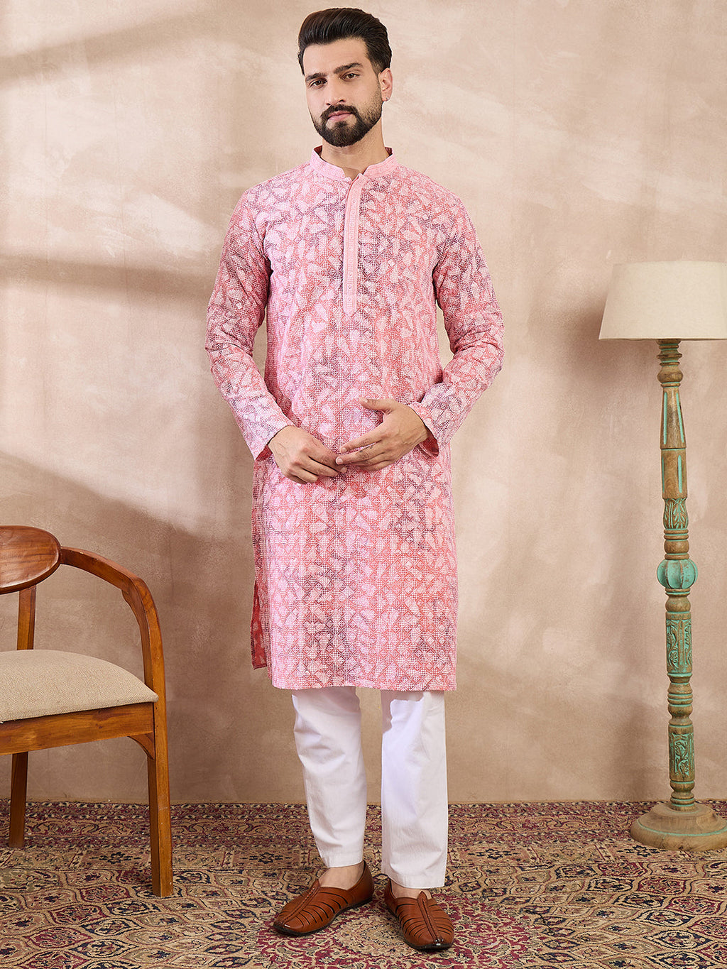 Men Pink Viscose Rayon Ethnic Motifs Embroidered Straight Kurta With Trouser-MKSET1654