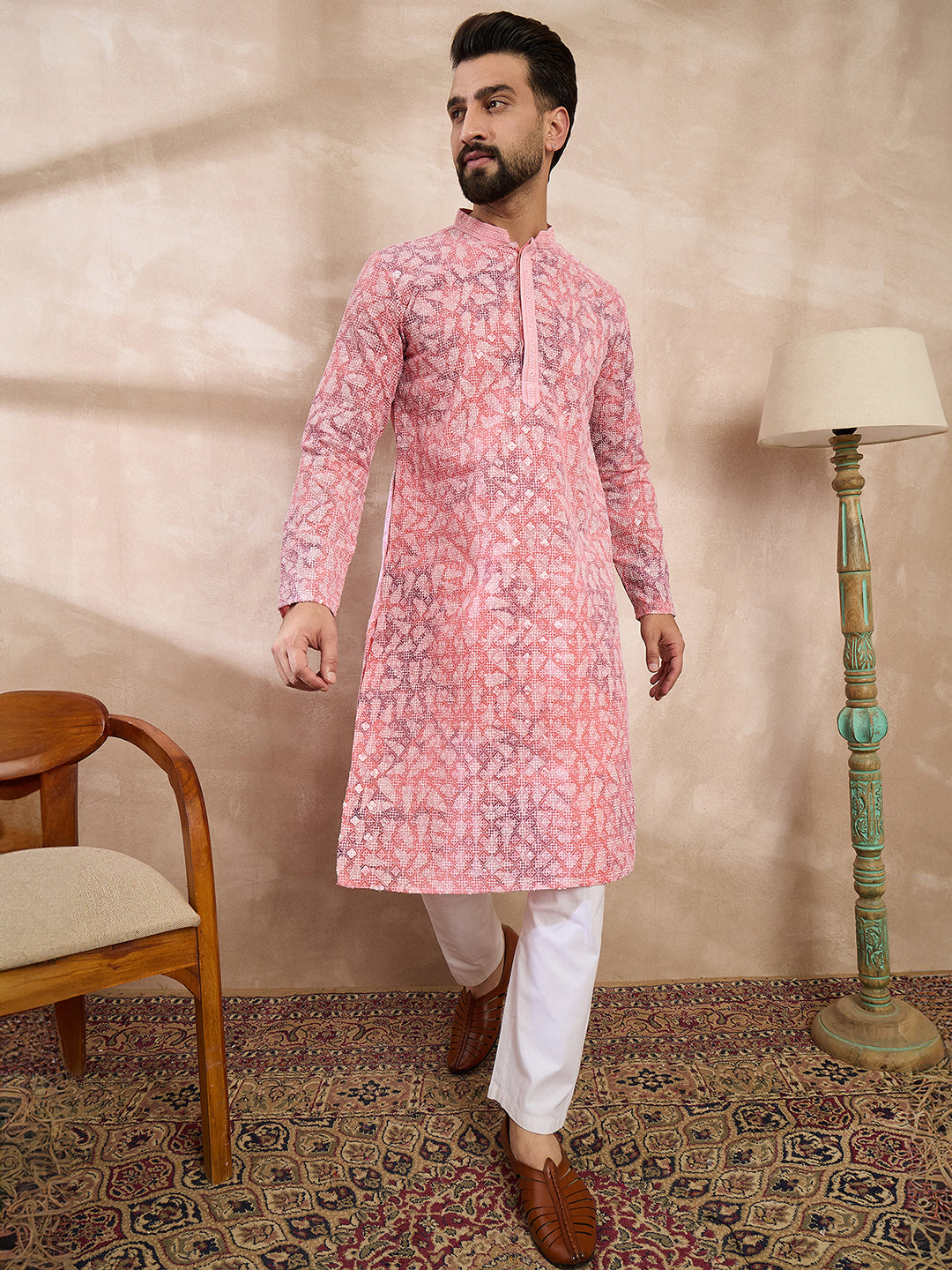 Men Pink Viscose Rayon Ethnic Motifs Embroidered Straight Kurta With Trouser-MKSET1654