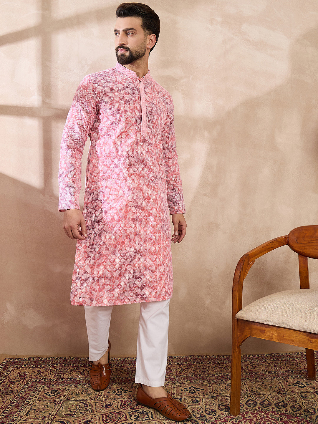 Men Pink Viscose Rayon Ethnic Motifs Embroidered Straight Kurta With Trouser-MKSET1654
